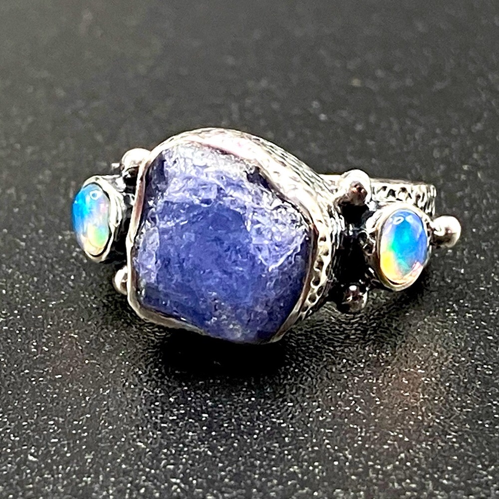 Genuine Raw Tanzanite & Ethiopian Opal Ring In Artisan Sterling Silver